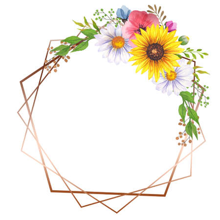 Floral Frames with Wildflowers and Leaves. Watercolor sunflower frame. White background. Watercolor floral. Botanical Drawing. Watercolor Wildflowers Frame. Geometric Floral Frameの写真素材