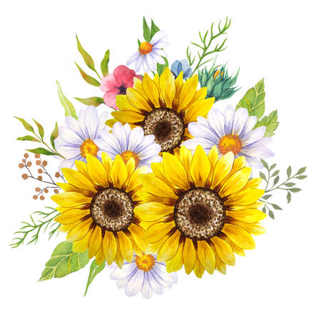 Watercolor wildlowers bouquet, hand painted sunflower bouquets, sunfower flower arrangement. Wedding invitation clipart elements. Watercolor floral. Botanical Drawing. White background.の写真素材