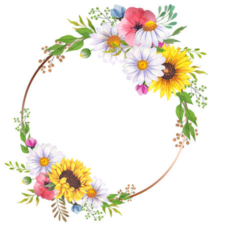 Floral Frames with Wildflowers and Leaves. Watercolor sunflower frame. White background. Watercolor floral. Botanical Drawing. Watercolor Wildflowers Frame. Geometric Floral Frameの写真素材