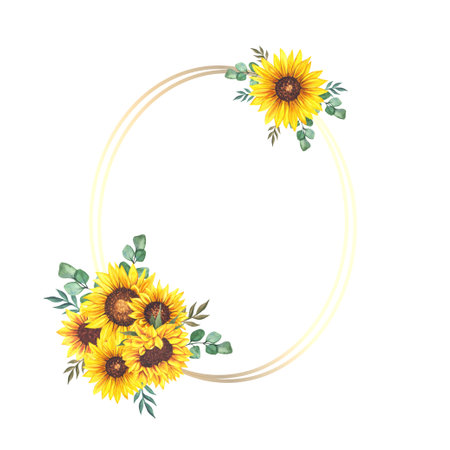 Floral Frames with Sunflowers and Leaves. Watercolor sunflower frame. White background. Watercolor floral. Botanical Drawing.の写真素材