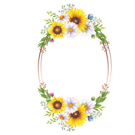 Floral Frames with Wildflowers and Leaves. Watercolor sunflower frame. White background. Watercolor floral. Botanical Drawing. Watercolor Wildflowers Frame. Geometric Floral Frameの写真素材