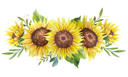 Watercolor sunflowers bouquet, hand painted sunflower bouquets, sunfower flower arrangement. Wedding invitation clipart elements. Watercolor floral. Botanical Drawing. White background.の写真素材