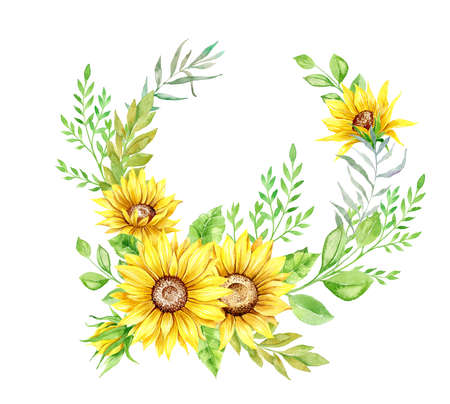 Watercolor Sunflower Frame, Floral Frame on white background, Botanical Illustration. Floral frame with sunflowers watercolor. Rustic Frame Watercolorの写真素材