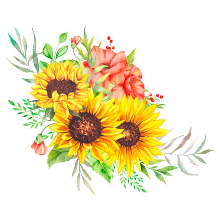Watercolor sunflowers bouquet, hand painted sunflower bouquet, sunfower flower arrangement. Wedding invitation clipart elements. Watercolor floral. Botanical Drawing. Poppyの写真素材
