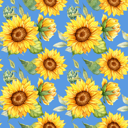 Watercolor Sunflower Background, Sunflower Seamless pattern with Hand Painted Watercolor Sunflowers and Greeneryの写真素材