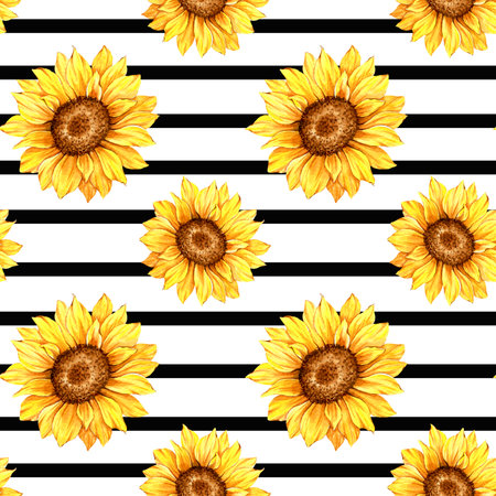 Watercolor Sunflower Background, Sunflower Seamless pattern with Hand Painted Watercolor Sunflowers and Greeneryの写真素材