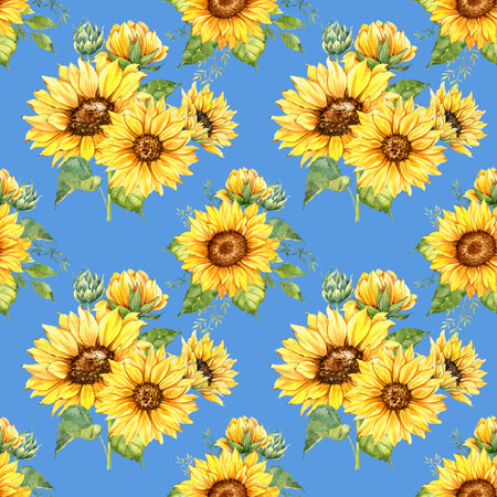 Watercolor Sunflower Background, Sunflower Seamless pattern with Hand Painted Watercolor Sunflowers and Greeneryの写真素材