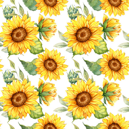 Watercolor Sunflower Background, Sunflower Seamless pattern with Hand Painted Watercolor Sunflowers and Greenery on white backgroundの写真素材