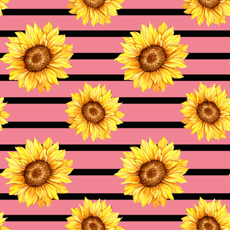 Watercolor Sunflower Background, Sunflower Seamless pattern with Hand Painted Watercolor Sunflowers and Greeneryの写真素材