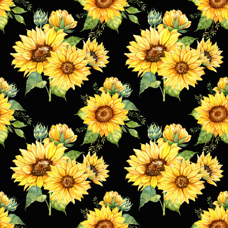 Watercolor Sunflower Background, Sunflower Seamless pattern with Hand Painted Watercolor Sunflowers and Greenery on dark backgroundの写真素材