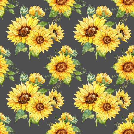 Watercolor Sunflower Background, Sunflower Seamless pattern with Hand Painted Watercolor Sunflowers and Greeneryの写真素材