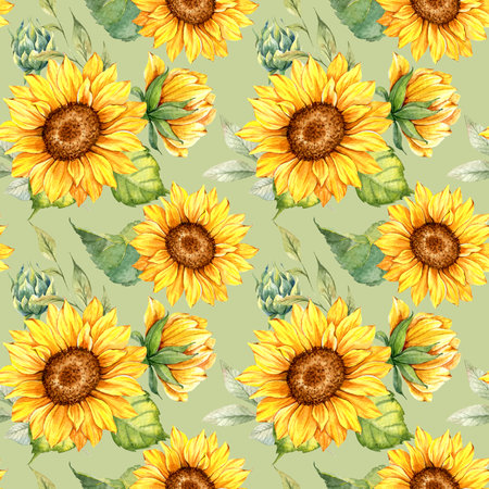 Watercolor Sunflower Background, Sunflower Seamless pattern with Hand Painted Watercolor Sunflowers and Greeneryの写真素材