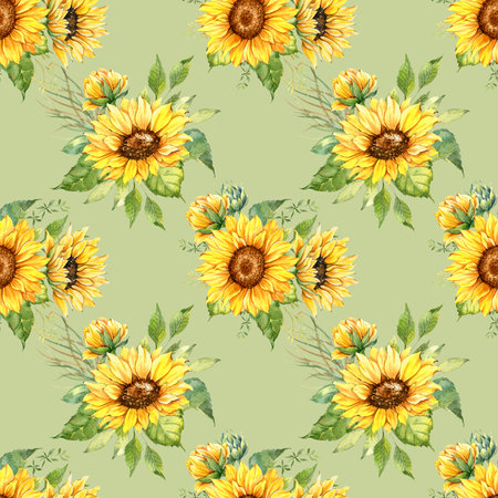 Watercolor Sunflower Background, Sunflower Seamless pattern with Hand Painted Watercolor Sunflowers and Greeneryの写真素材