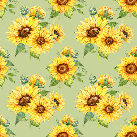 Watercolor Sunflower Background, Sunflower Seamless pattern with Hand Painted Watercolor Sunflowers and Greeneryの写真素材