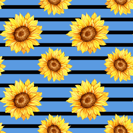Watercolor Sunflower Background, Sunflower Seamless pattern with Hand Painted Watercolor Sunflowers and Greeneryの写真素材
