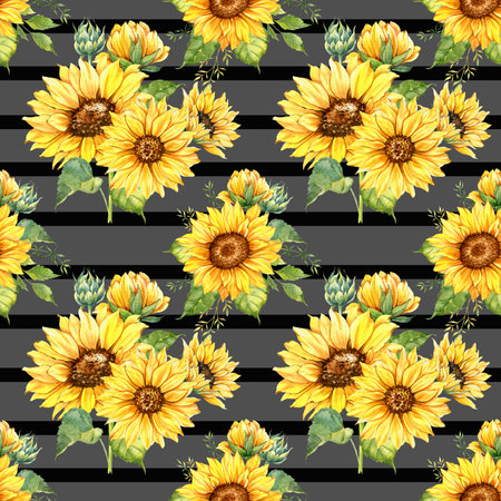 Watercolor Sunflower Background, Sunflower Seamless pattern with Hand Painted Watercolor Sunflowers and Greenery on dark backgroundの写真素材