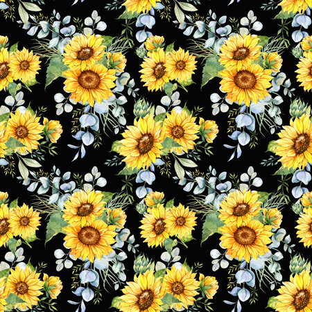 Watercolor Sunflower Background, Sunflower Seamless pattern with Hand Painted Watercolor Sunflowers and Greenery on dark backgroundの写真素材
