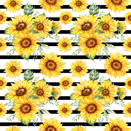 Watercolor Sunflower Background, Sunflower Seamless pattern with Hand Painted Watercolor Sunflowers and Greenery on white backgroundの写真素材