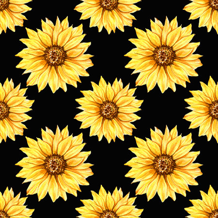 Watercolor Sunflower Background, Sunflower Seamless pattern with Hand Painted Watercolor Sunflowers and Greeneryの写真素材