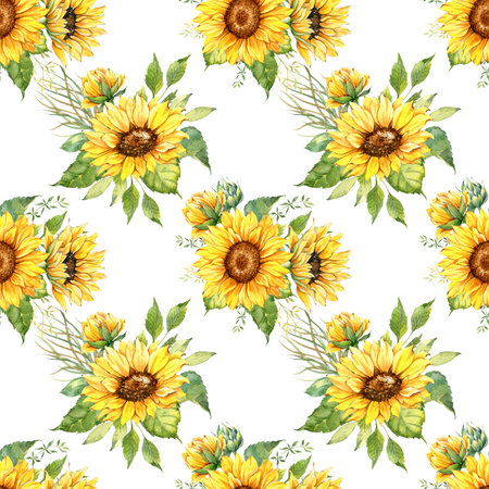 Watercolor Sunflower Background, Sunflower Seamless pattern with Hand Painted Watercolor Sunflowers and Greenery on white backgroundの写真素材