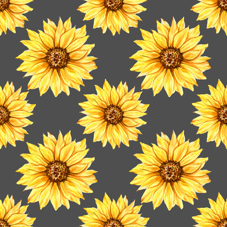 Watercolor Sunflower Background, Sunflower Seamless pattern with Hand Painted Watercolor Sunflowers and Greeneryの写真素材