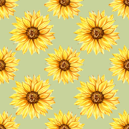 Watercolor Sunflower Background, Sunflower Seamless pattern with Hand Painted Watercolor Sunflowers and Greeneryの写真素材