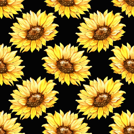 Watercolor Sunflower Background, Sunflower Seamless pattern with Hand Painted Watercolor Sunflowers and Greeneryの写真素材
