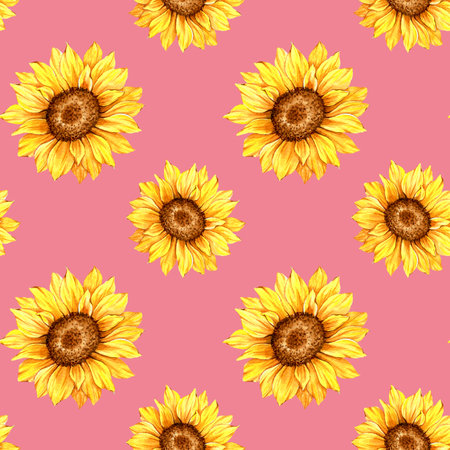Watercolor Sunflower Background, Sunflower Seamless pattern with Hand Painted Watercolor Sunflowers and Greeneryの写真素材