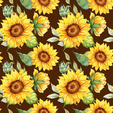 Watercolor Sunflower Background, Sunflower Seamless pattern with Hand Painted Watercolor Sunflowers and Greenery on dark backgroundの写真素材