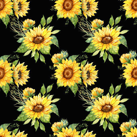Watercolor Sunflower Background, Sunflower Seamless pattern with Hand Painted Watercolor Sunflowers and Greenery on dark backgroundの写真素材