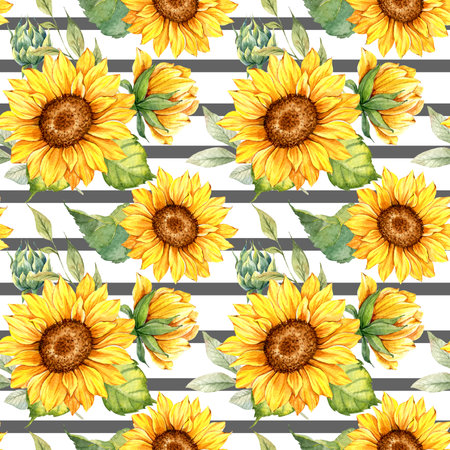Watercolor Sunflower Background, Sunflower Seamless pattern with Hand Painted Watercolor Sunflowers and Greenery on white backgroundの写真素材