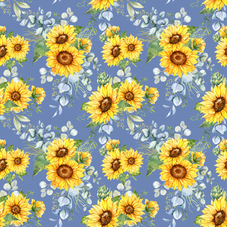 Watercolor Sunflower Background, Sunflower Seamless pattern with Hand Painted Watercolor Sunflowers and Greeneryの写真素材