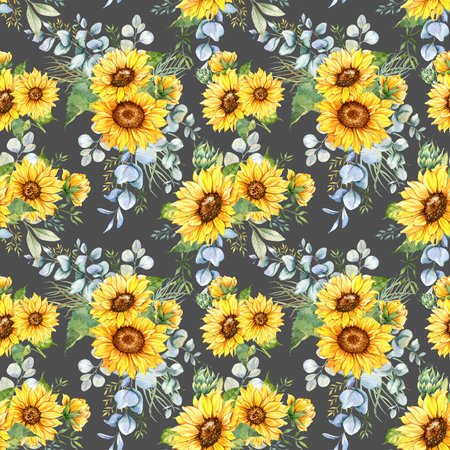 Watercolor Sunflower Background, Sunflower Seamless pattern with Hand Painted Watercolor Sunflowers and Greenery on dark backgroundの写真素材