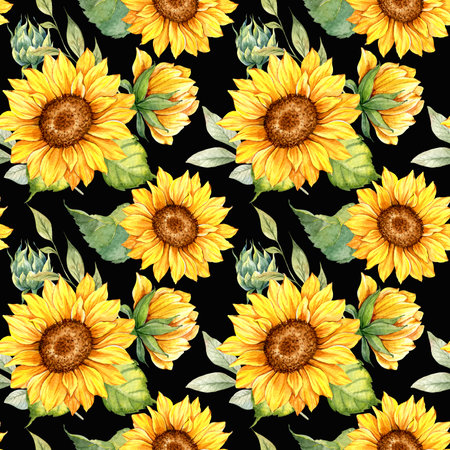 Watercolor Sunflower Background, Sunflower Seamless pattern with Hand Painted Watercolor Sunflowers and Greeneryの写真素材