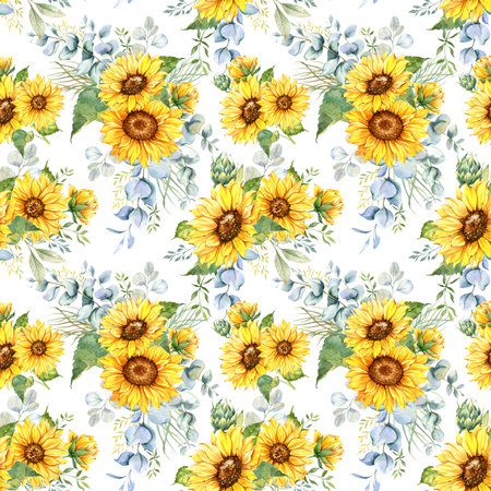 Watercolor Sunflower Background, Sunflower Seamless pattern with Hand Painted Watercolor Sunflowers and Greenery on white backgroundの写真素材