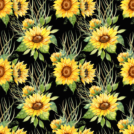 Watercolor Sunflower Background, Sunflower Seamless pattern with Hand Painted Watercolor Sunflowers and Greenery on dark backgroundの写真素材