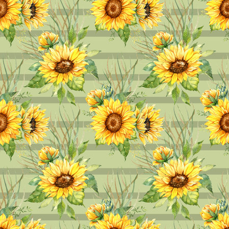 Watercolor Sunflower Background, Sunflower Seamless pattern with Hand Painted Watercolor Sunflowers and Greeneryの写真素材