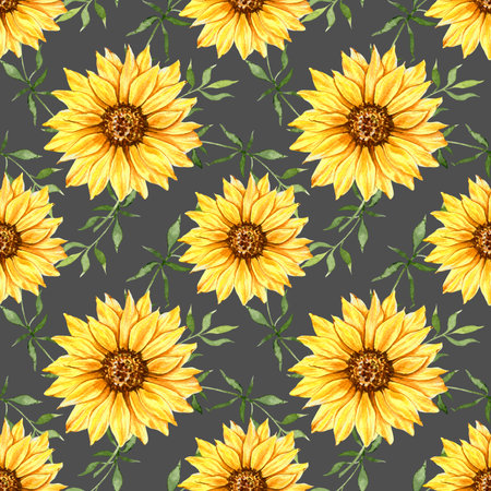 Watercolor Sunflower Background, Sunflower Seamless pattern with Hand Painted Watercolor Sunflowers and Greenery on dark backgroundの写真素材