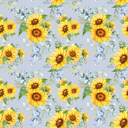 Watercolor Sunflower Background, Sunflower Seamless pattern with Hand Painted Watercolor Sunflowers and Greeneryの写真素材