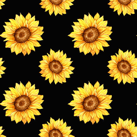 Watercolor Sunflower Background, Sunflower Seamless pattern with Hand Painted Watercolor Sunflowers and Greeneryの写真素材