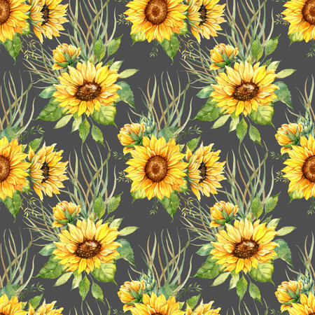 Watercolor Sunflower Background, Sunflower Seamless pattern with Hand Painted Watercolor Sunflowers and Greeneryの写真素材