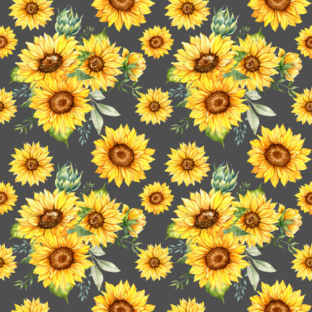 Watercolor Sunflower Background, Sunflower Seamless pattern with Hand Painted Watercolor Sunflowers and Greenery on dark backgroundの写真素材