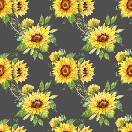 Watercolor Sunflower Background, Sunflower Seamless pattern with Hand Painted Watercolor Sunflowers and Greenery on dark backgroundの写真素材