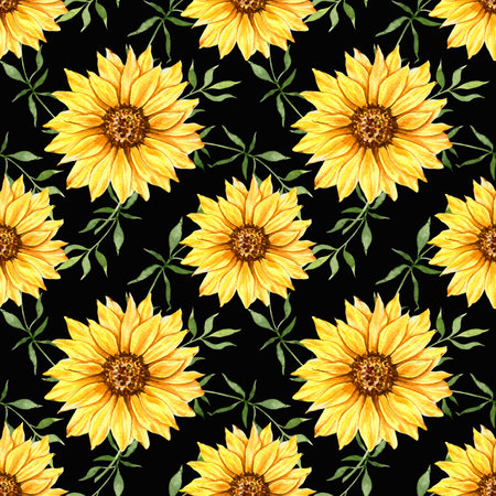 Watercolor Sunflower Background, Sunflower Seamless pattern with Hand Painted Watercolor Sunflowers and Greenery on dark backgroundの写真素材