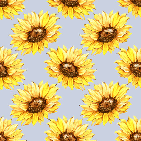 Watercolor Sunflower Background, Sunflower Seamless pattern with Hand Painted Watercolor Sunflowers and Greeneryの写真素材