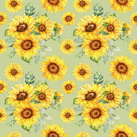 Watercolor Sunflower Background, Sunflower Seamless pattern with Hand Painted Watercolor Sunflowers and Greeneryの写真素材