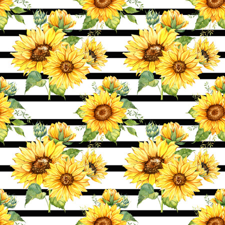 Watercolor Sunflower Background, Sunflower Seamless pattern with Hand Painted Watercolor Sunflowers and Greeneryの写真素材