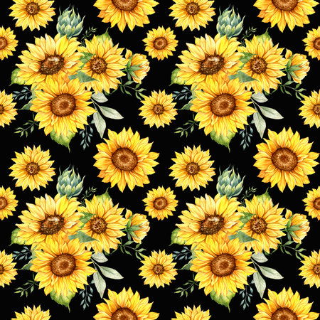 Watercolor Sunflower Background, Sunflower Seamless pattern with Hand Painted Watercolor Sunflowers and Greeneryの写真素材