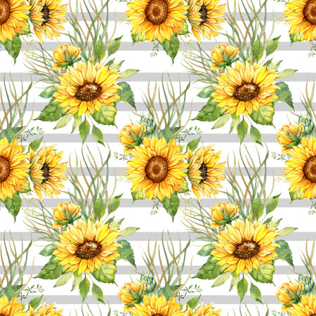 Watercolor Sunflower Background, Sunflower Seamless pattern with Hand Painted Watercolor Sunflowers and Greenery on white backgroundの写真素材