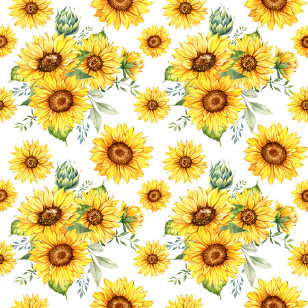Watercolor Sunflower Background, Sunflower Seamless pattern with Hand Painted Watercolor Sunflowers and Greenery on white backgroundの写真素材